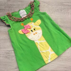 Mud Pie Bright Green Giraffe Appliqué Tank with Pink Trim